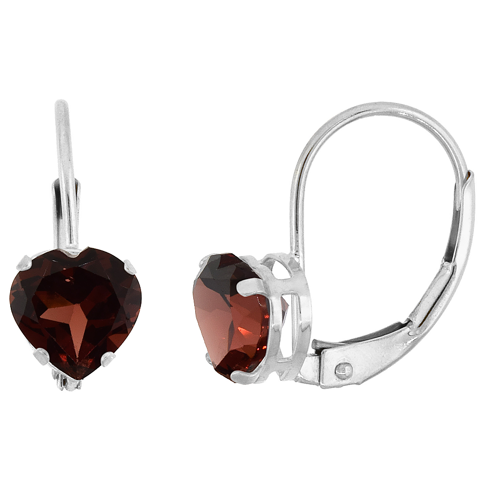 10k White Gold Natural Garnet Leverback Earrings 6mm Heart Shape 1.5 ct 9/16 inch