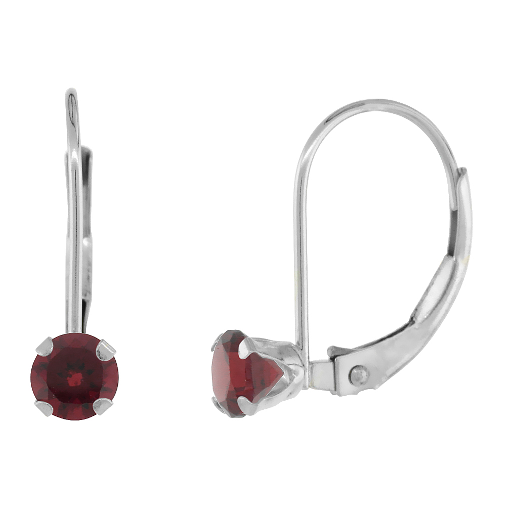 10k White Gold Natural Garnet Leverback Earrings 4mm Round 0.50 ct 9/16 inch