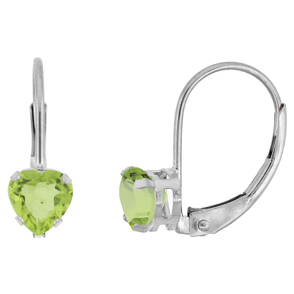 10k White Gold Natural Peridot Leverback Earrings 5mm Heart Shape 1 ct 9/16 inch