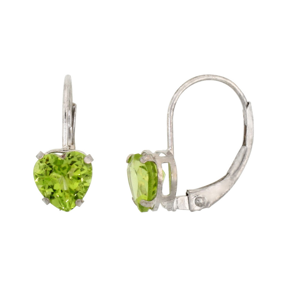 10k White Gold Natural Peridot Leverback Earrings 6mm Heart Shape 1.5 ct 9/16 inch