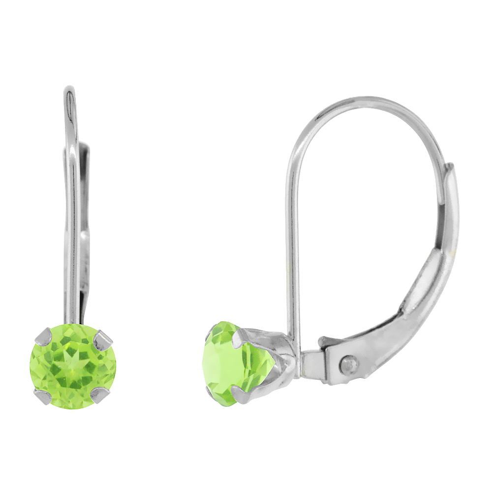 10k White Gold Natural Peridot Leverback Earrings 4mm Round 0.50 ct 9/16 inch