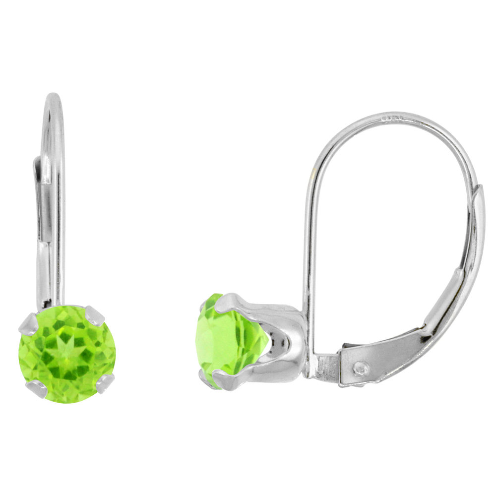 10k White Gold Natural Peridot Leverback Earrings 5mm Round 1 ct 9/16 inch