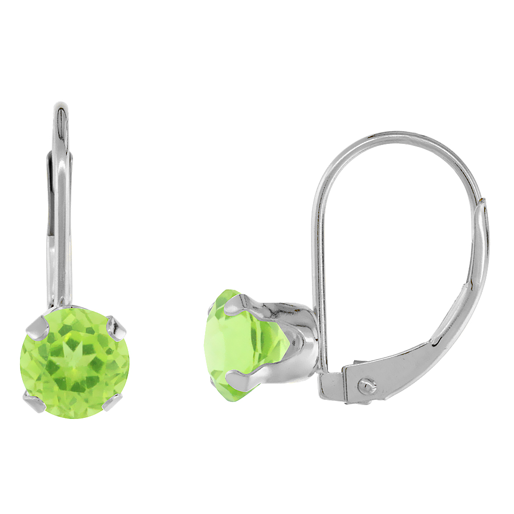 10k White Gold Natural Peridot Leverback Earrings 6mm Round 1.5 ct 9/16 inch