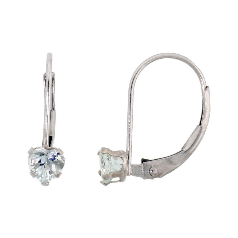 10k White Gold Natural Aquamarine Leverback Earrings 4mm Heart Shape 0.50 ct 9/16 inch