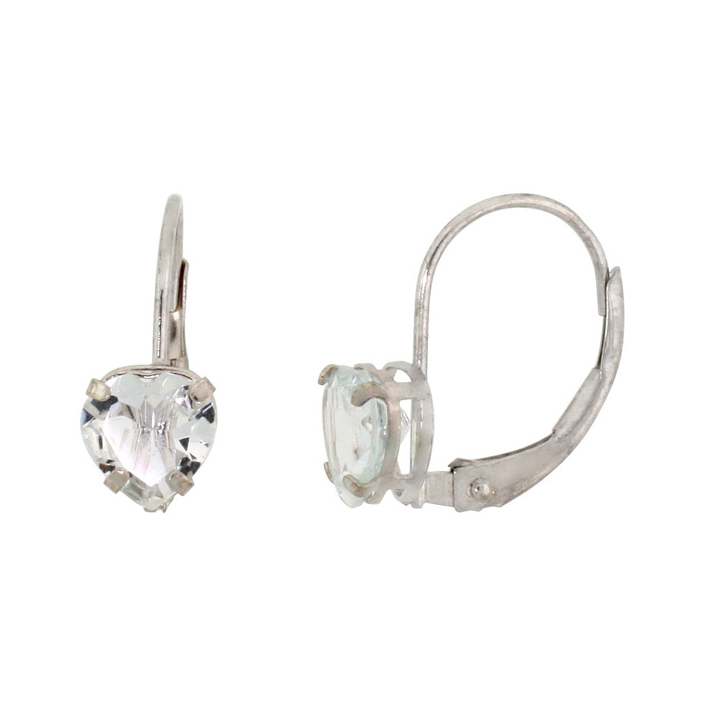 10k White Gold Natural Aquamarine Leverback Earrings 6mm Heart Shape 1.5 ct 9/16 inch