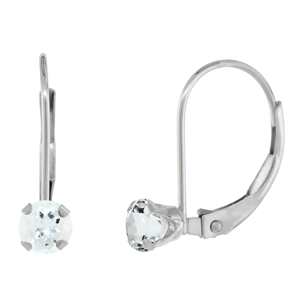 10k White Gold Natural Aquamarine Leverback Earrings 4mm Round 0.50 ct 9/16 inch
