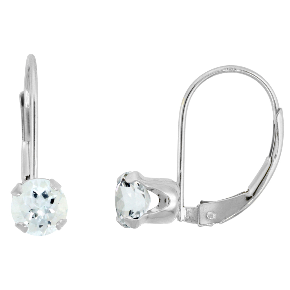 10k White Gold Natural Aquamarine Leverback Earrings 5mm Round 1 ct 9/16 inch