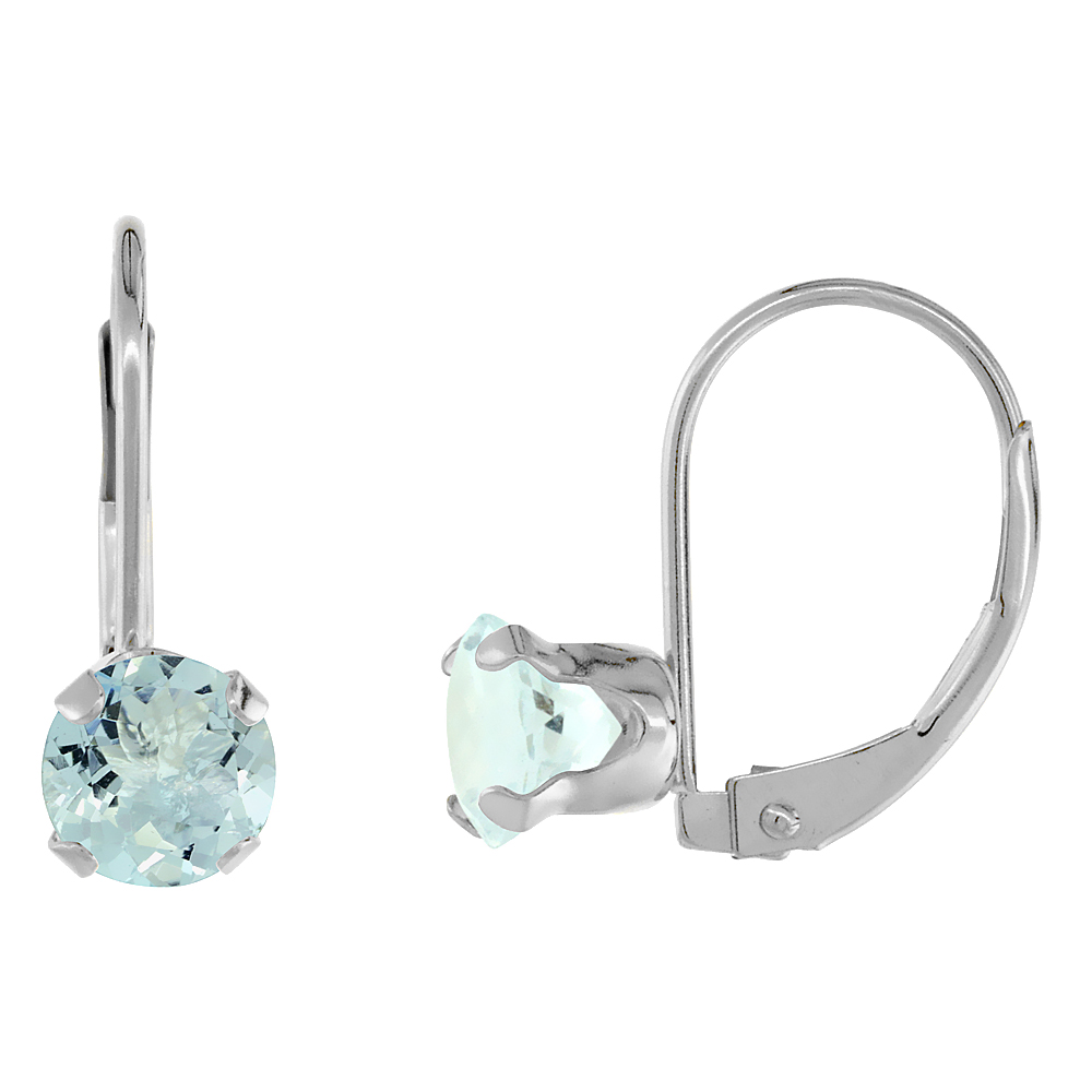 10k White Gold Natural Aquamarine Leverback Earrings 6mm Round 1.5 ct 9/16 inch