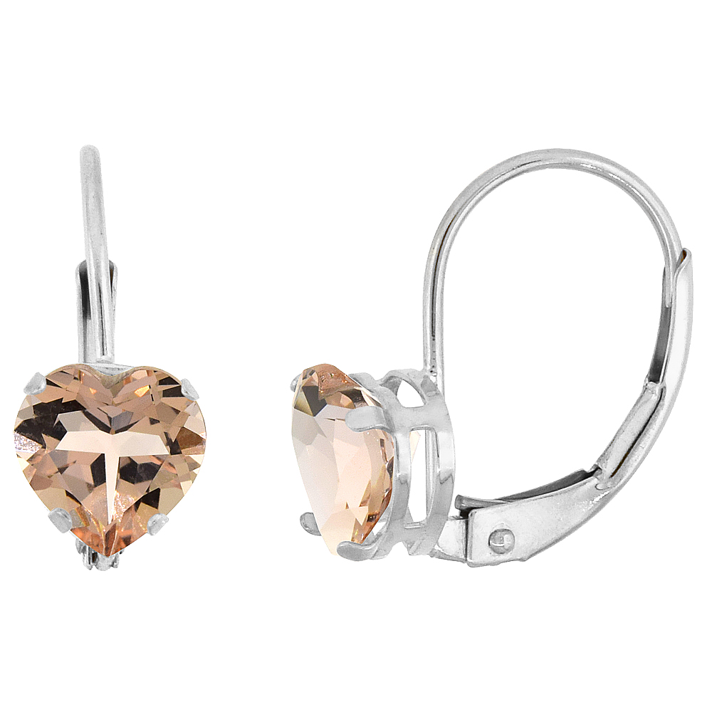 10k White Gold Natural Morganite Leverback Earrings 6mm Heart Shape 1.5 ct 9/16 inch
