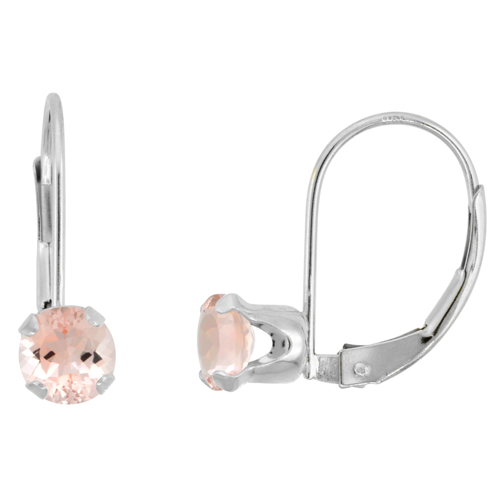 10k White Gold Natural Morganite Leverback Earrings 5mm Round 1 ct 9/16 inch