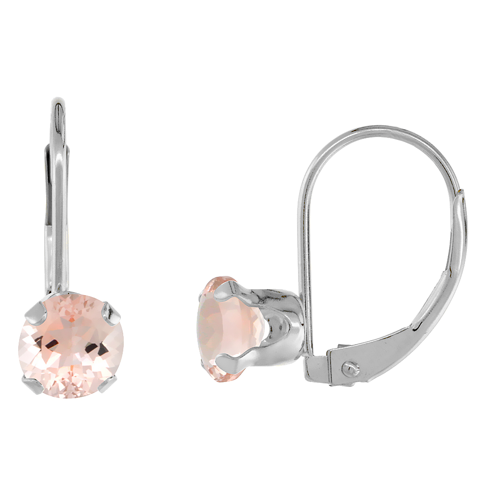 10k White Gold Natural Morganite Leverback Earrings 6mm Round 1.5 ct 9/16 inch