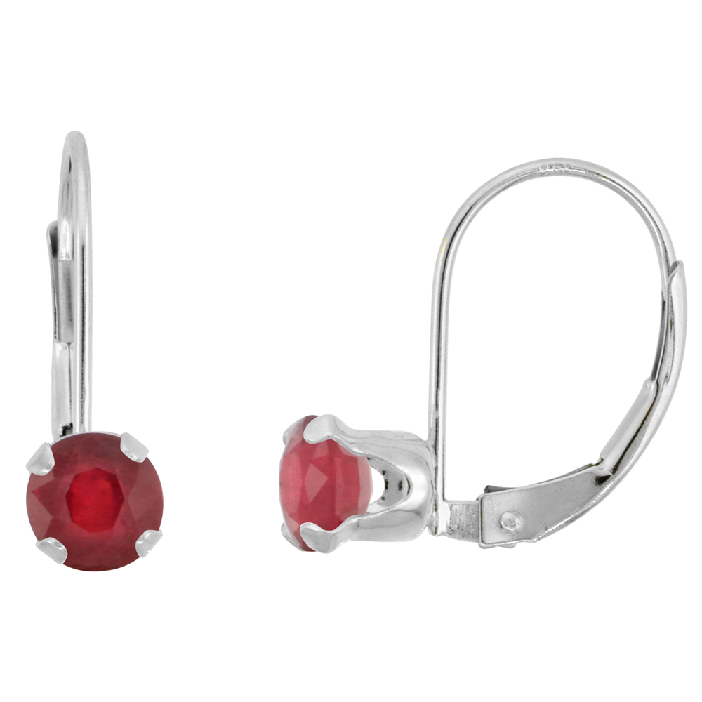 10k White Gold Enhanced Genuine Ruby Leverback Earrings 5mm Round 1 ct 9/16 inch