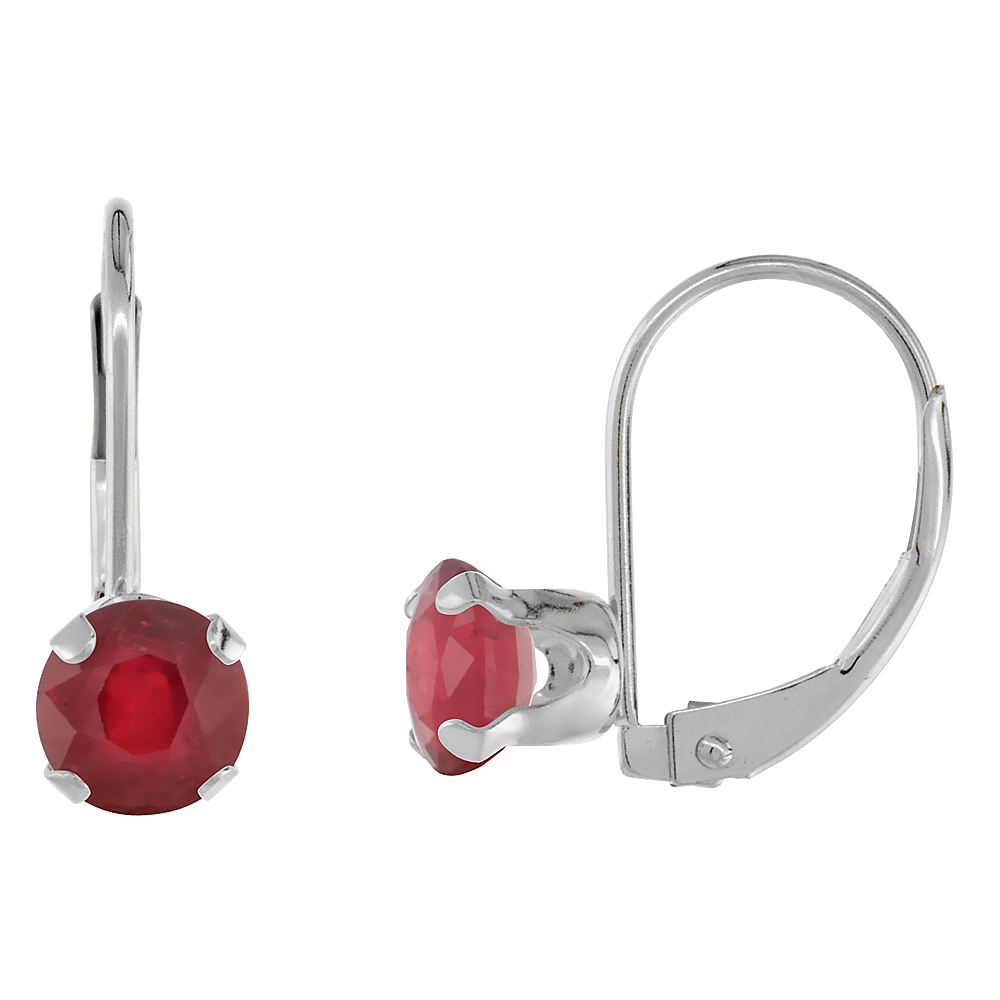10k White Gold Enhanced Genuine Ruby Leverback Earrings 6mm Round 1.5 ct 9/16 inch