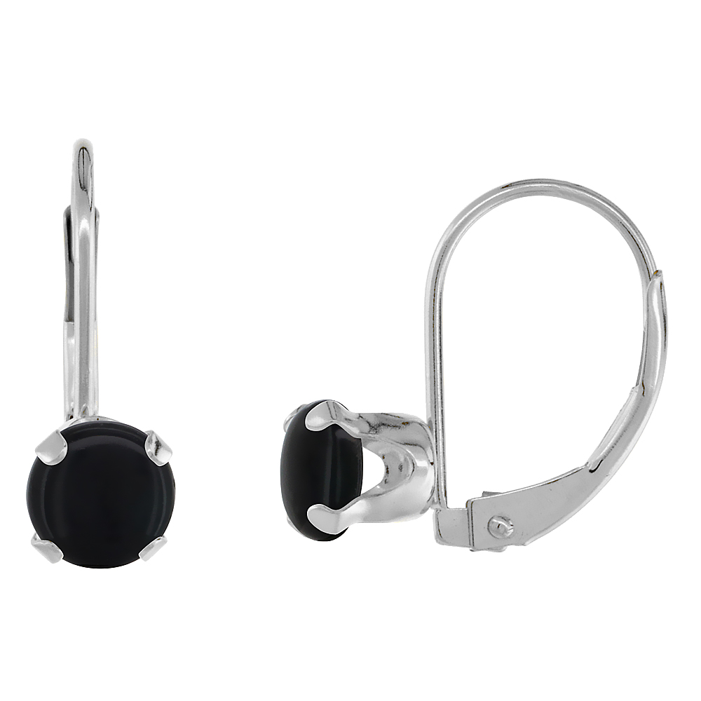 10k White Gold Natural Black Onyx Leverback Earrings 6mm Round 1.5 ct 9/16 inch