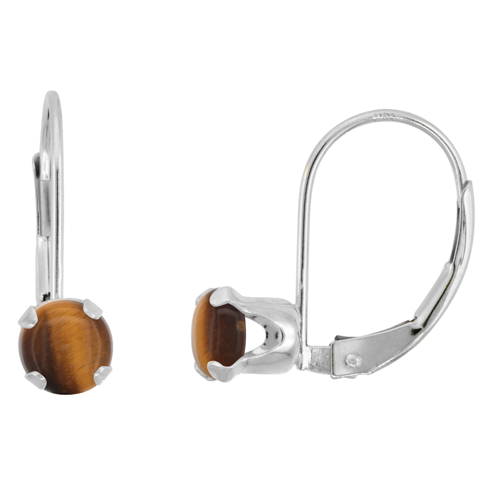 10k White Gold Natural Tiger Eye Leverback Earrings 5mm Round 1 ct 9/16 inch