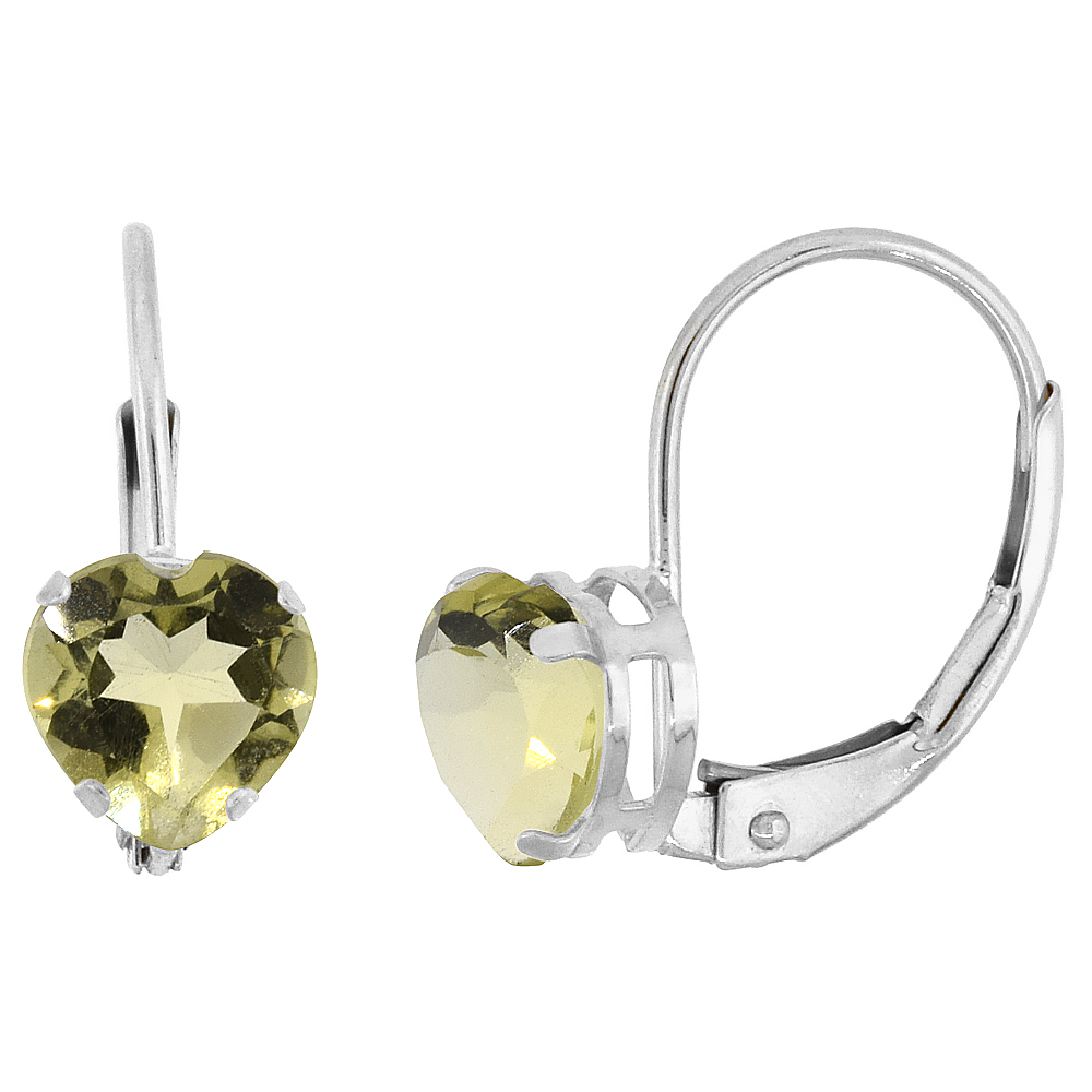 10k White Gold Natural Lemon Quartz Leverback Earrings 6mm Heart Shape 1.5 ct 9/16 inch