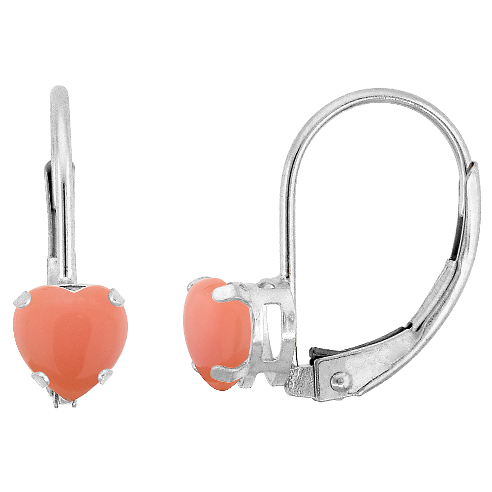 10k White Gold Natural Coral Leverback Earrings 4mm Heart Shape 0.50 ct 9/16 inch