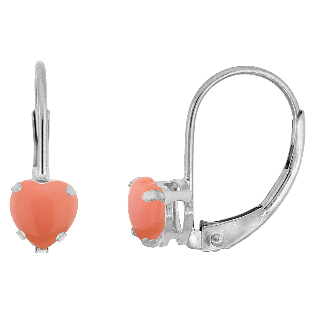10k White Gold Natural Coral Leverback Earrings 5mm Heart Shape 1 ct 9/16 inch