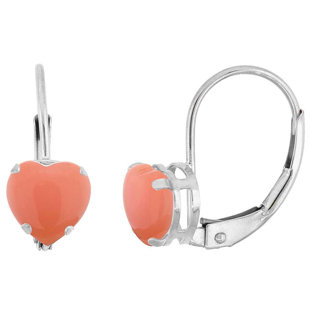 10k White Gold Natural Coral Leverback Earrings 6mm Heart Shape 1.5 ct 9/16 inch