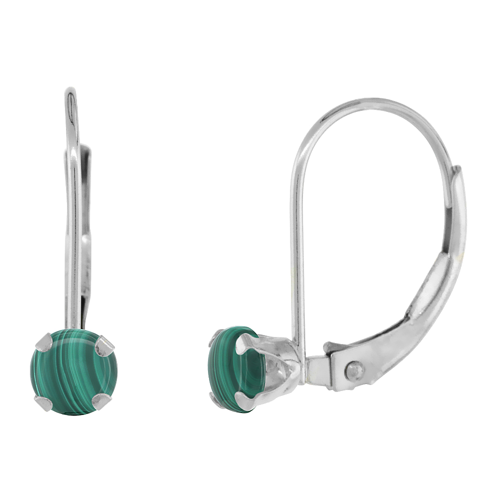 10k White Gold Natural Malachite Leverback Earrings 4mm Round 0.50 ct 9/16 inch