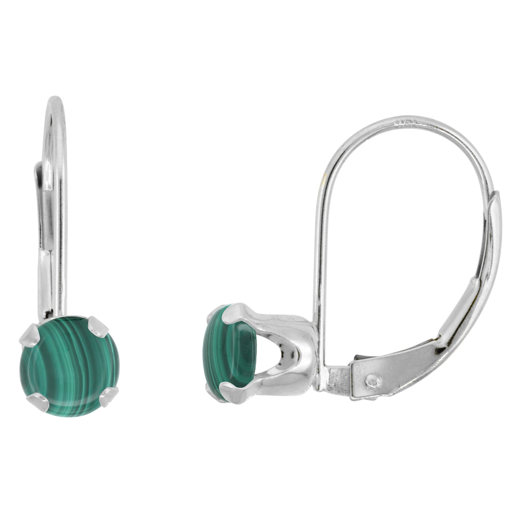 10k White Gold Natural Malachite Leverback Earrings 5mm Round 1 ct 9/16 inch