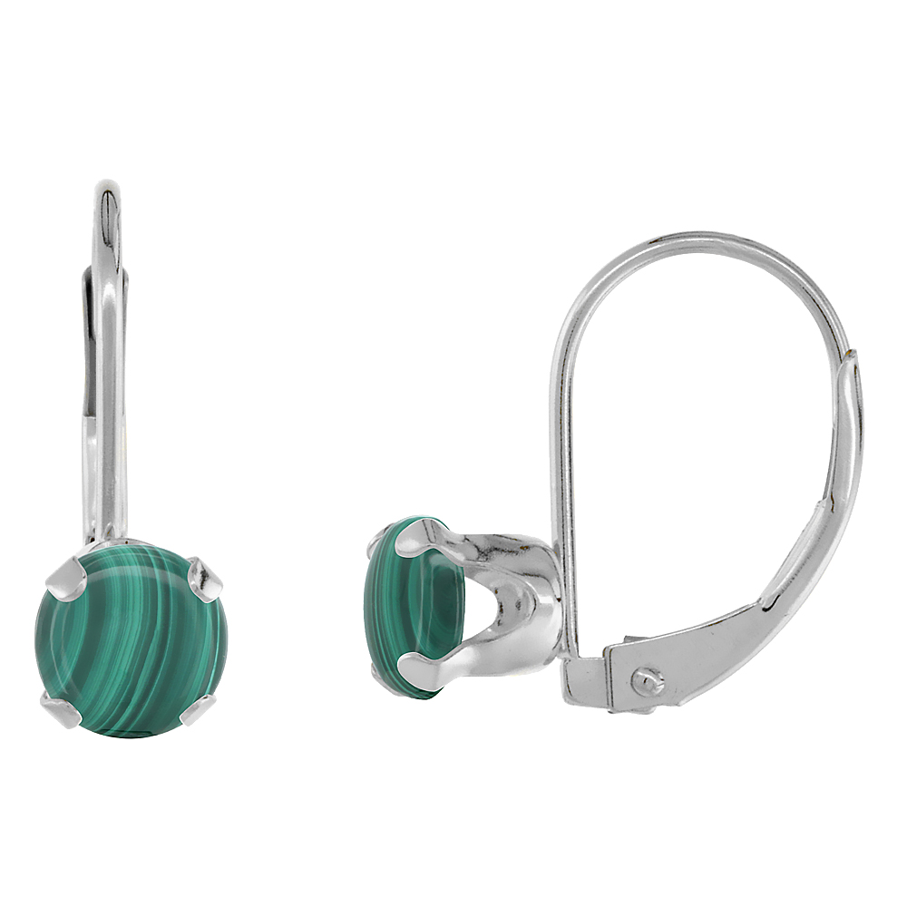 10k White Gold Natural Malachite Leverback Earrings 6mm Round 1.5 ct 9/16 inch