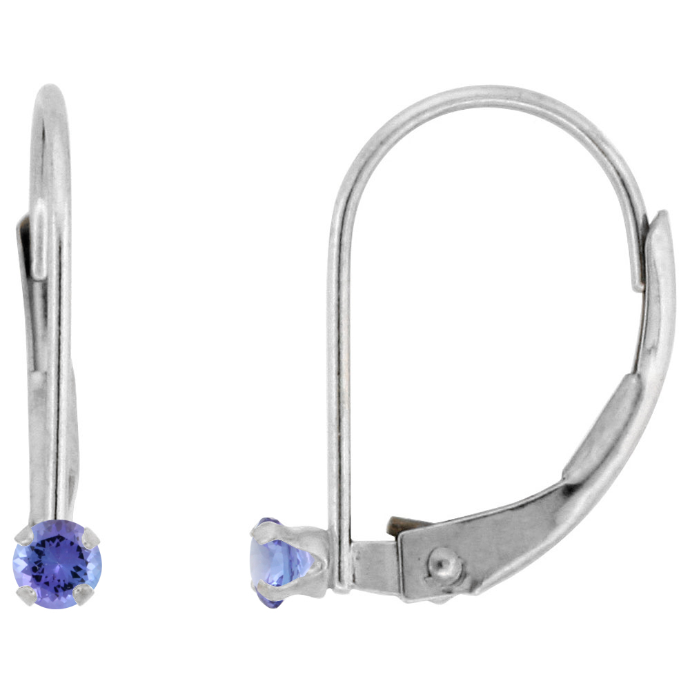 10k White Gold Natural Tanzanite Leverback Earrings 2mm Round 0.08 ct 9/16 inch