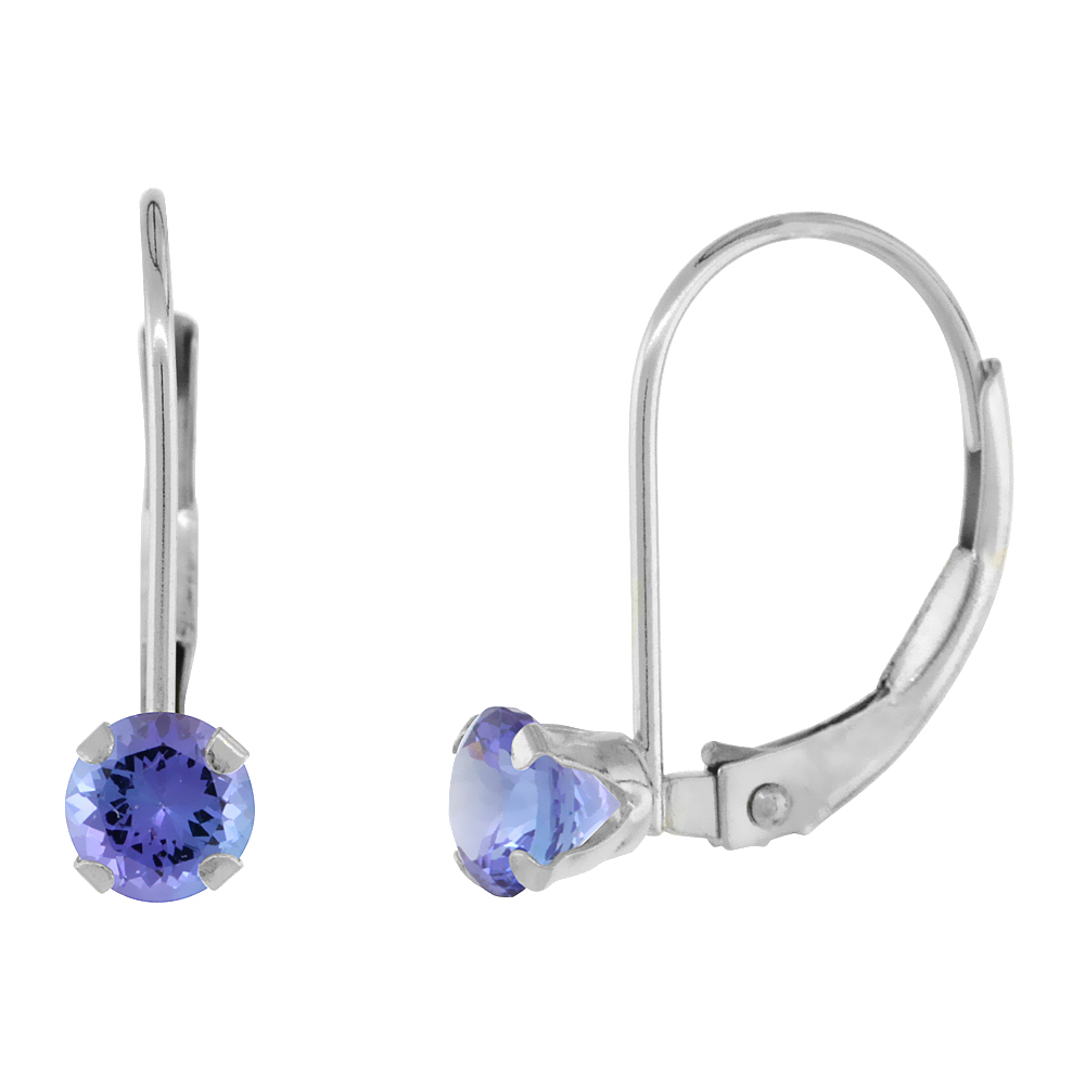 10k White Gold Natural Tanzanite Leverback Earrings 4mm Round 0.50 ct 9/16 inch