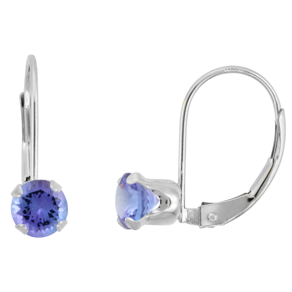 10k White Gold Natural Tanzanite Leverback Earrings 5mm Round 1 ct 9/16 inch