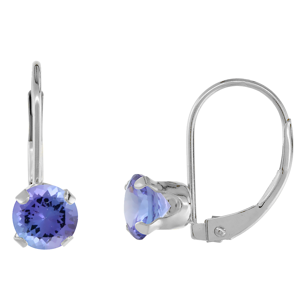 10k White Gold Natural Tanzanite Leverback Earrings 6mm Round 1.5 ct 9/16 inch