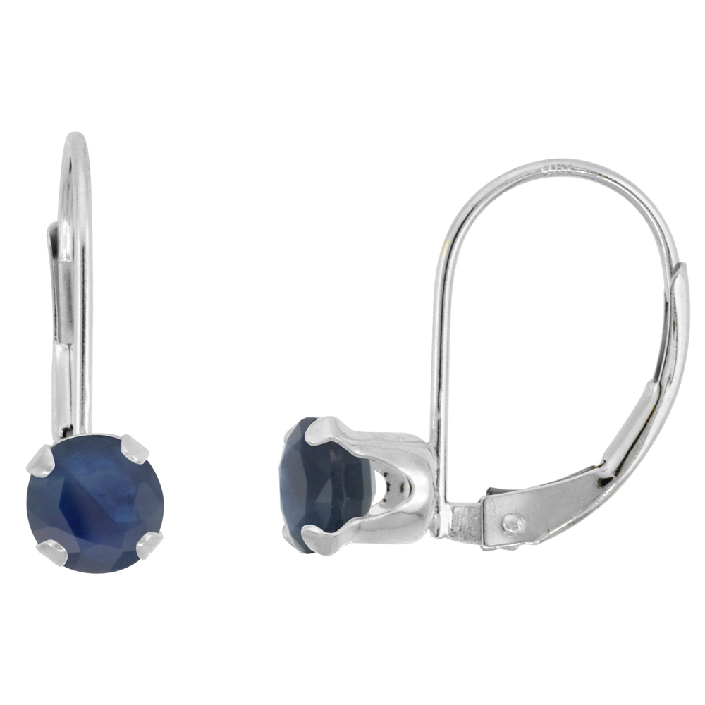 10k White Gold Natural High Grade Blue Sapphire Leverback Earrings 5mm Round 1 ct 9/16 inch