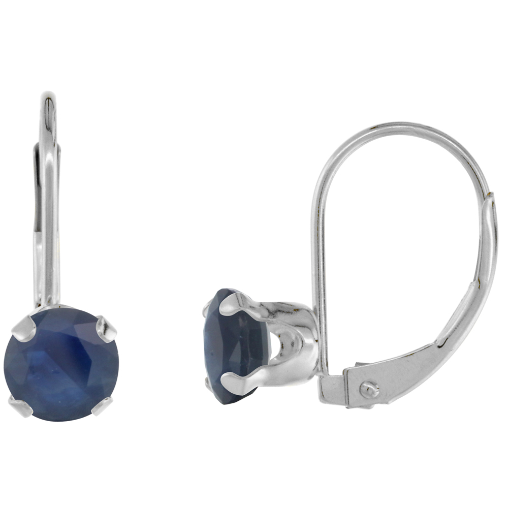10k White Gold Diamond High Grade Natural Blue Sapphire Leverback Earrings 6mm Round 1.5 ct 9/16 inch