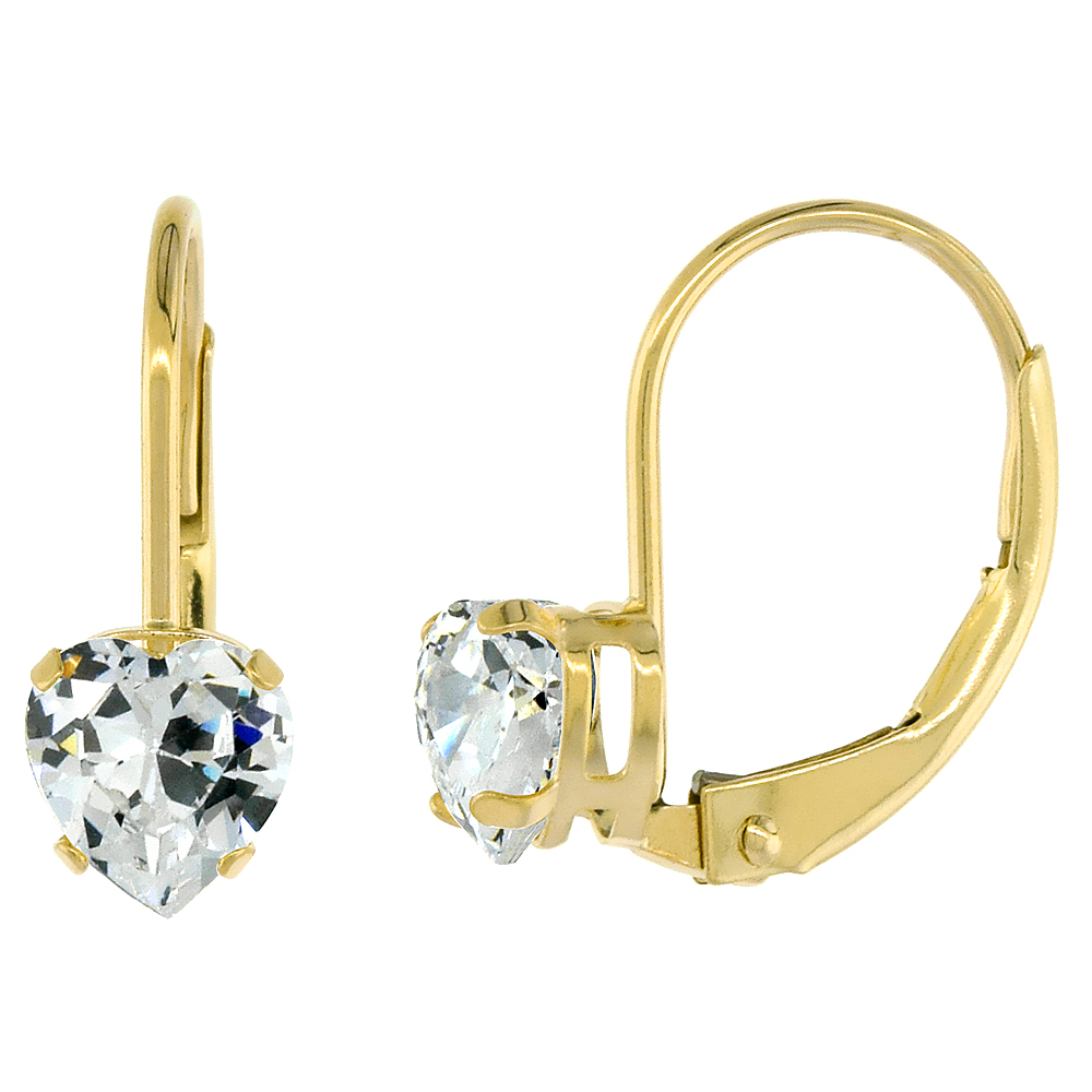 10k Yellow Gold Cubic Zirconia Leverback Earrings 5mm Heart Shape 1 ct 9/16 inch