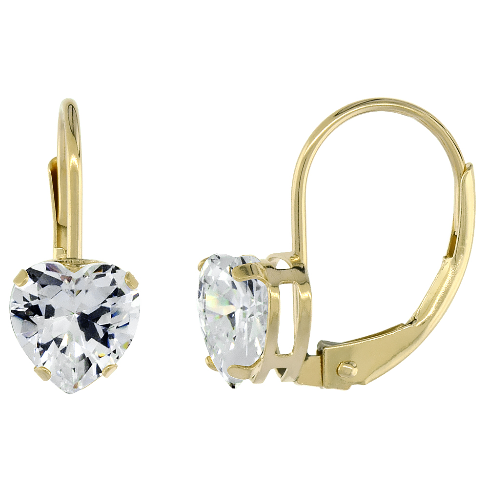 10k Yellow Gold Cubic Zirconia Leverback Earrings 6mm Heart Shape 1.5 ct 9/16 inch