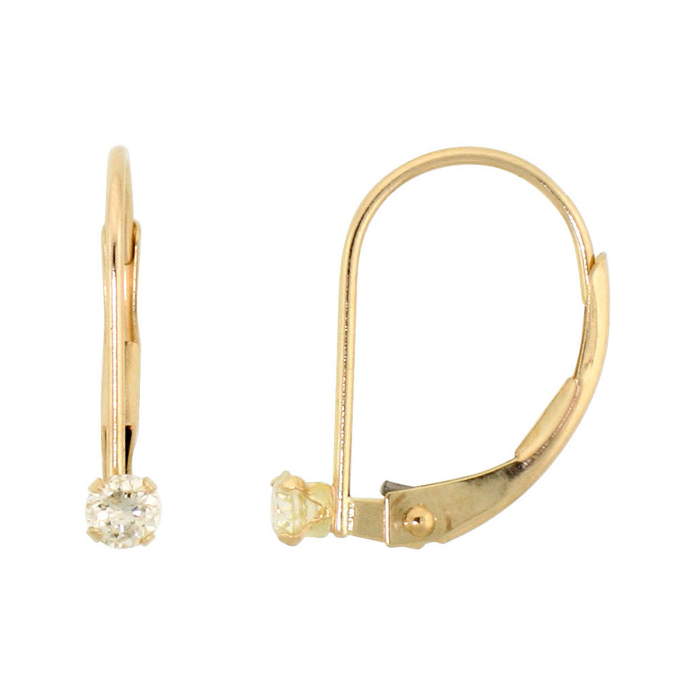 2mm 10k Yellow Gold Cubic Zirconia Leverback Earrings Round 0.08 ct 9/16 inch