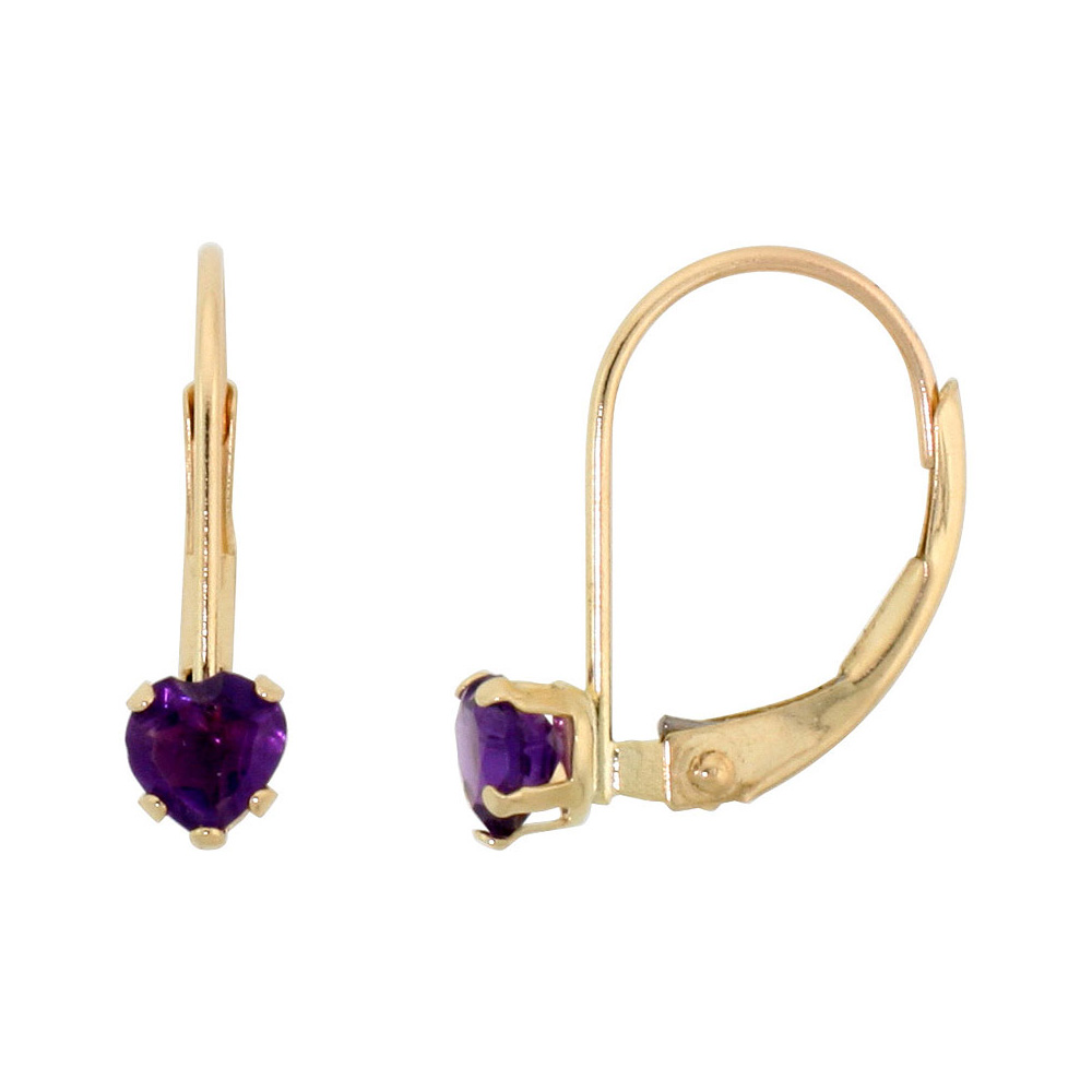 10k Yellow Gold Natural Amethyst Leverback Earrings 4mm Heart Shape 0.50 ct 9/16 inch