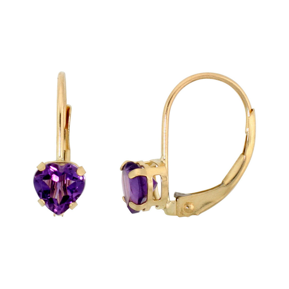 10k Yellow Gold Natural Amethyst Leverback Earrings 5mm Heart Shape 1 ct 9/16 inch