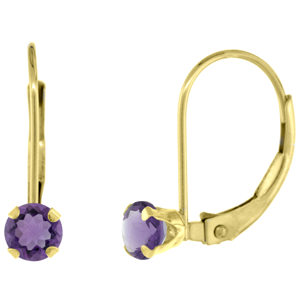 10k Yellow Gold Natural Amethyst Leverback Earrings 4mm Round 0.50 ct 9/16 inch