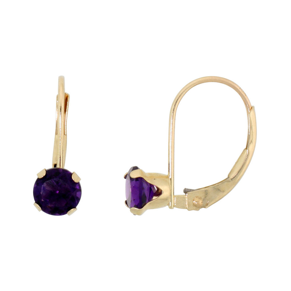 10k Yellow Gold Natural Amethyst Leverback Earrings 5mm Round 1 ct 9/16 inch