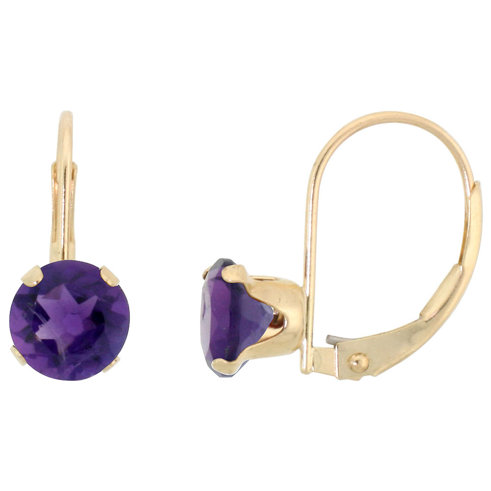 10k Yellow Gold Natural Amethyst Leverback Earrings 6mm Round 1.5 ct 9/16 inch