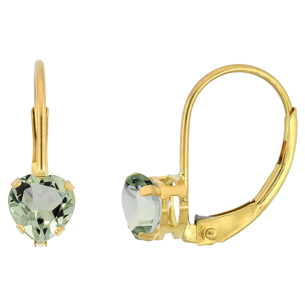 10k Yellow Gold Natural Green Amethyst Leverback Earrings 5mm Heart Shape 1 ct 9/16 inch