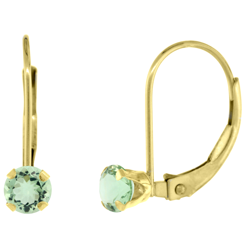 10k Yellow Gold Natural Green Amethyst Leverback Earrings 4mm Round 0.50 ct 9/16 inch