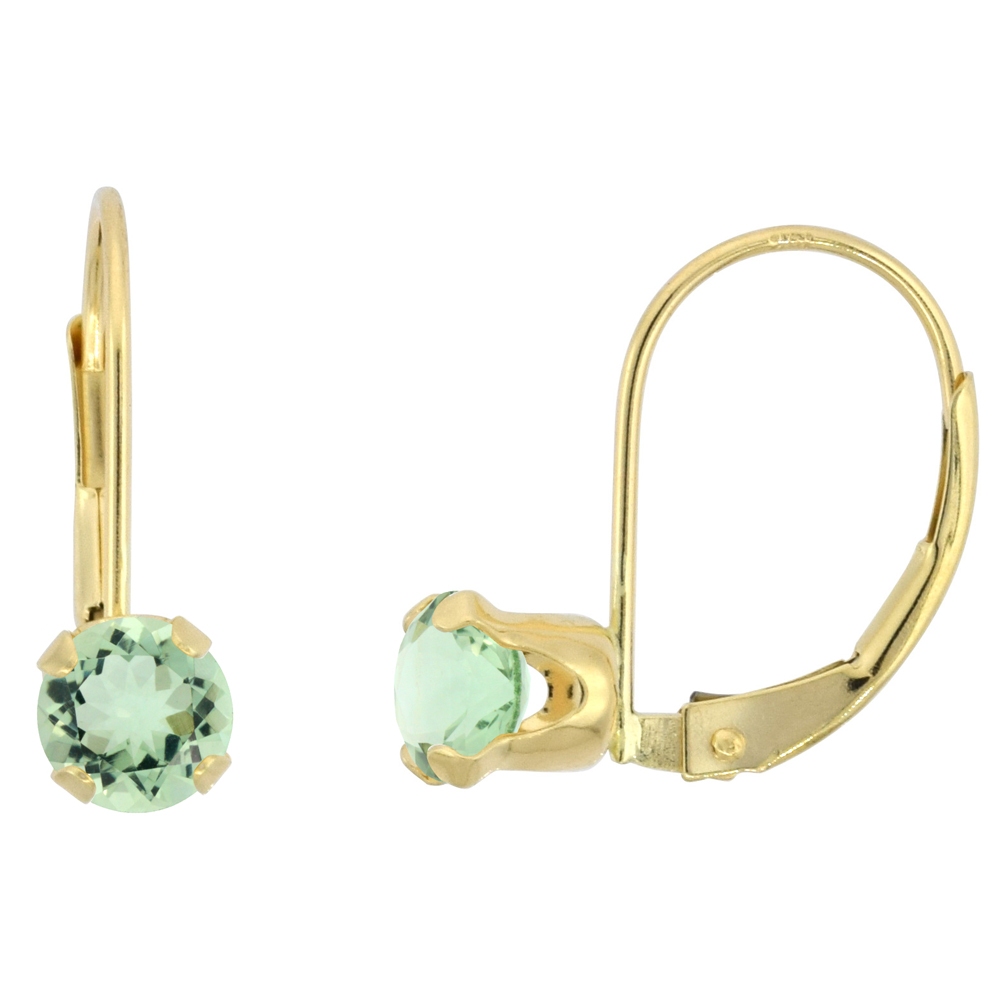 10k Yellow Gold Natural Green Amethyst Leverback Earrings 5mm Round 1 ct 9/16 inch