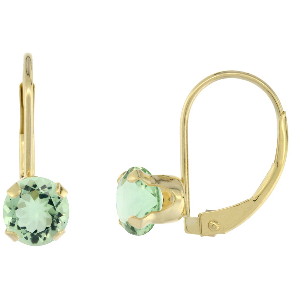 10k Yellow Gold Natural Green Amethyst Leverback Earrings 6mm Round 1.5 ct 9/16 inch