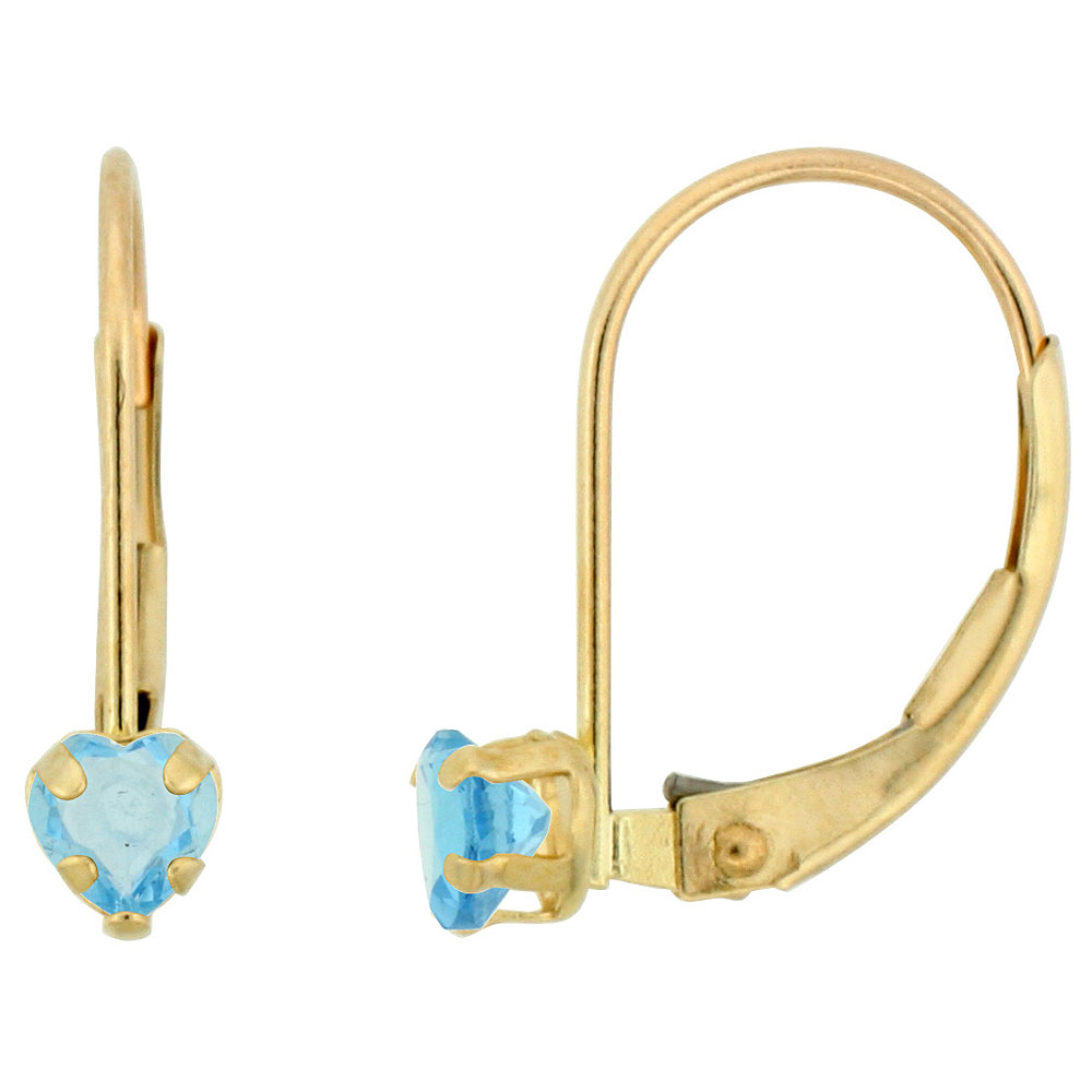 10k Yellow Gold Natural Blue Topaz Leverback Earrings 4mm Heart Shape 0.50 ct 9/16 inch