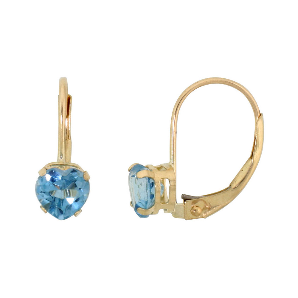 10k Yellow Gold Natural Blue Topaz Leverback Earrings 5mm Heart Shape 1 ct 9/16 inch
