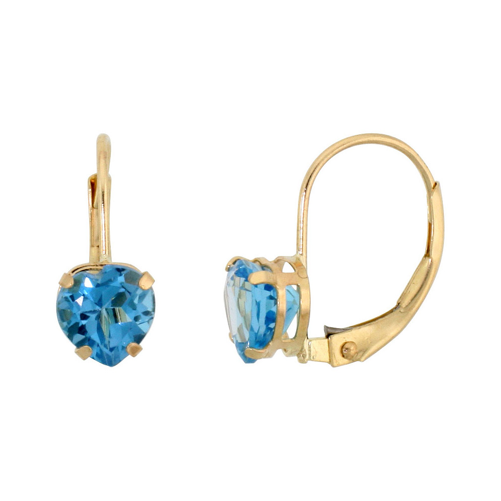 10k Yellow Gold Natural Blue Topaz Leverback Earrings 6mm Heart Shape 1.5 ct 9/16 inch
