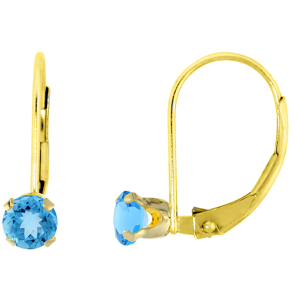 10k Yellow Gold Natural Swiss Blue Topaz Leverback Earrings 3mm Round 0.22 ct 9/16 inch