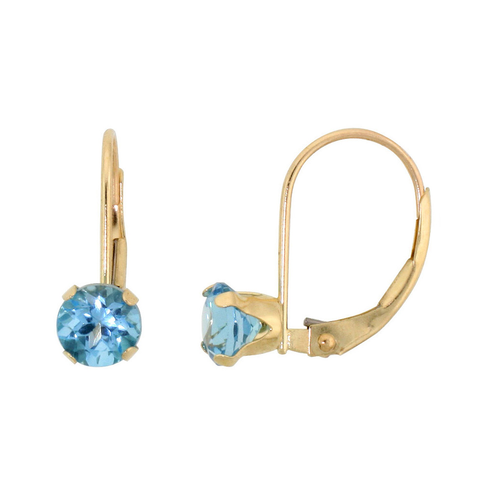 10k Yellow Gold Natural Swiss Blue Topaz Leverback Earrings 5mm Round 1 ct 9/16 inch
