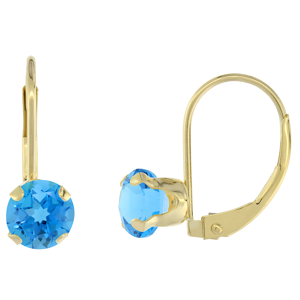 10k Yellow Gold Natural Swiss Blue Topaz Leverback Earrings 6mm Round 1.5 ct 9/16 inch